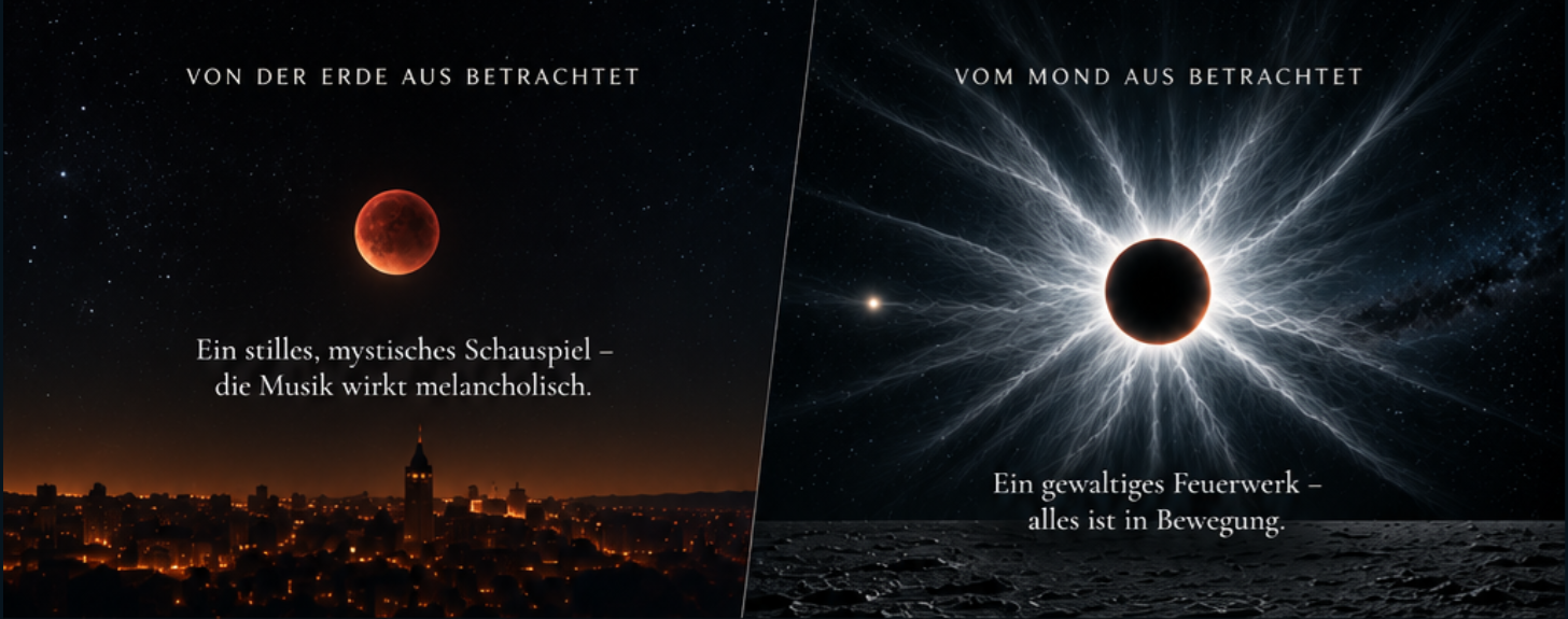 Künstlerische Gegenüberstellung: Blutmond aus der Erd-Perspektive und eine kosmische Mond-Perspektive auf einen verdunkelten Himmelskörper